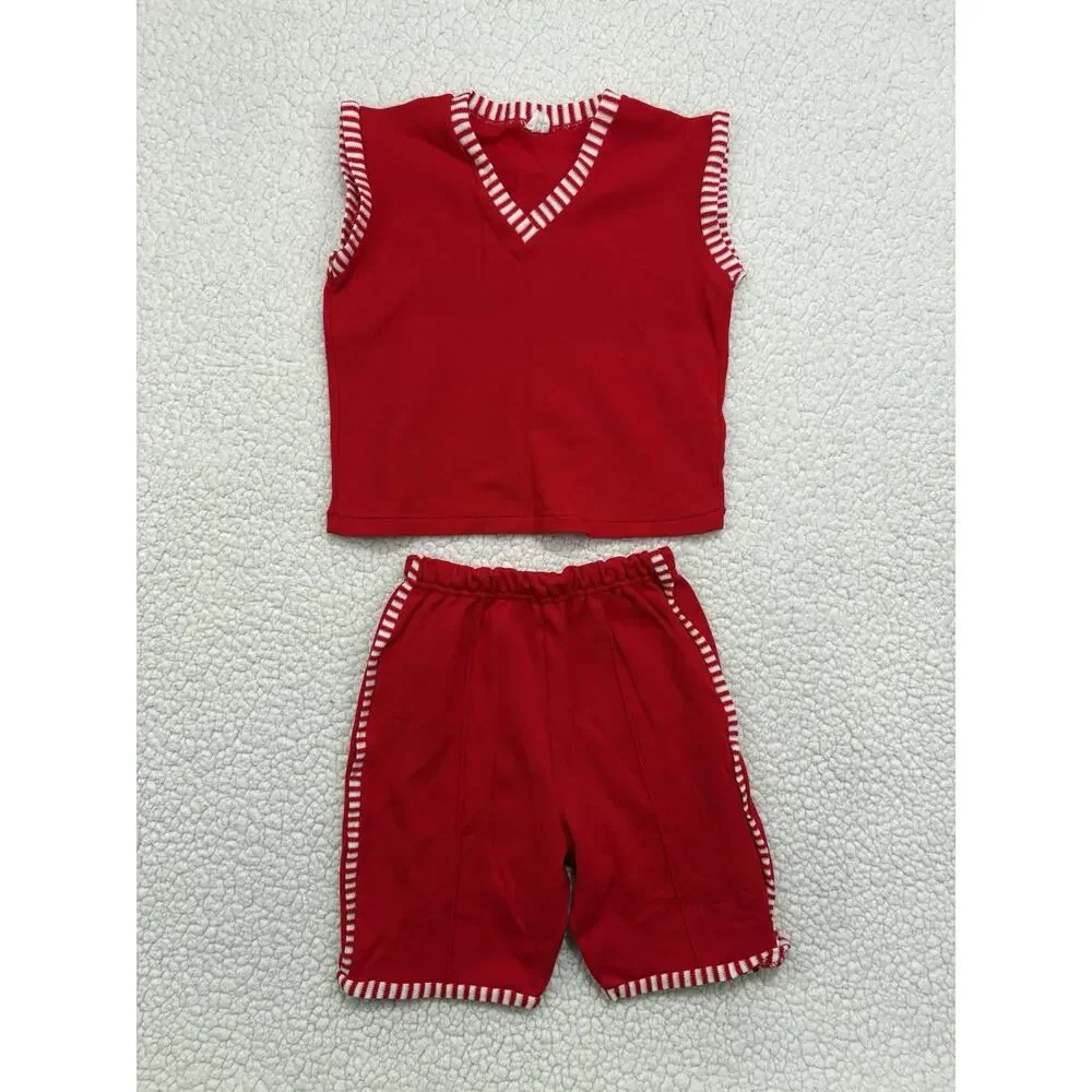 Vintage 2pc Set Boys‎ Size 7-8 Retro Summer Beach Tank Shorts Stretch Nylon Red